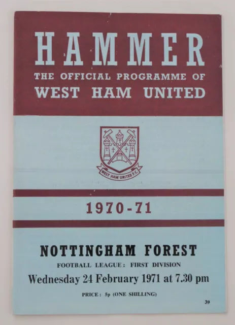 WEST HAM UNITED v NOTTINGHAM FOREST DIVISION 1 1970/71 24/2/1971 (Ref 2865)