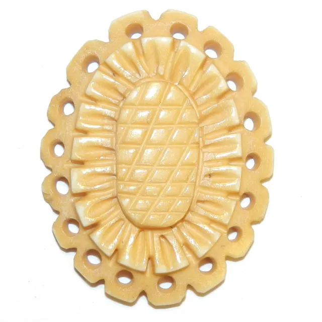 B111 Tan 41mm Oval Carved Flower with Cut-Out Design Pendant Bead 1pc
