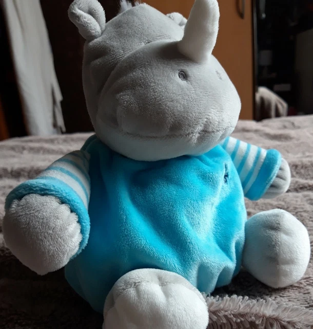 Doudou Boule Hochet Hippopotame Obaïbi Bleu Et Gris Rayures Blanches 3