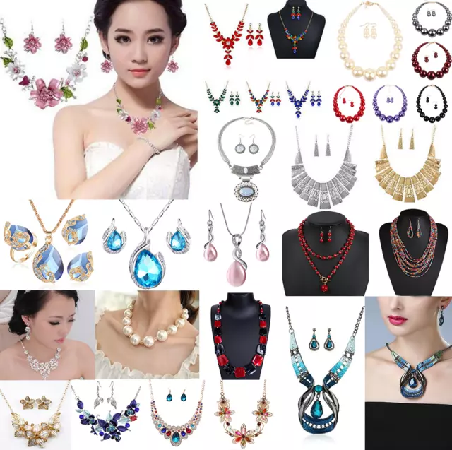 Fashion Women Crystal Bib Pendant Choker Chunky Statement Chain Necklace Earring