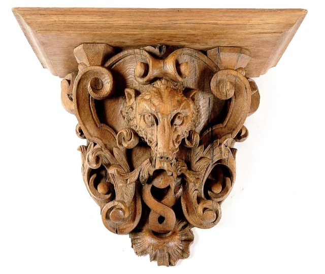 Antique Hand Carved Oak Wood Wall Hung Console Animal Head Sculpture Art 19th C