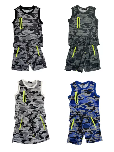 Boys Kids Vest T-Shirt Short Set Camo Army Camouflage Summer Short Outfits