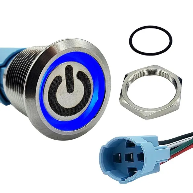 Round Switch Push Button Latching ON OFF Symbol 12V 16mm NO NC IP67 BLUE LED