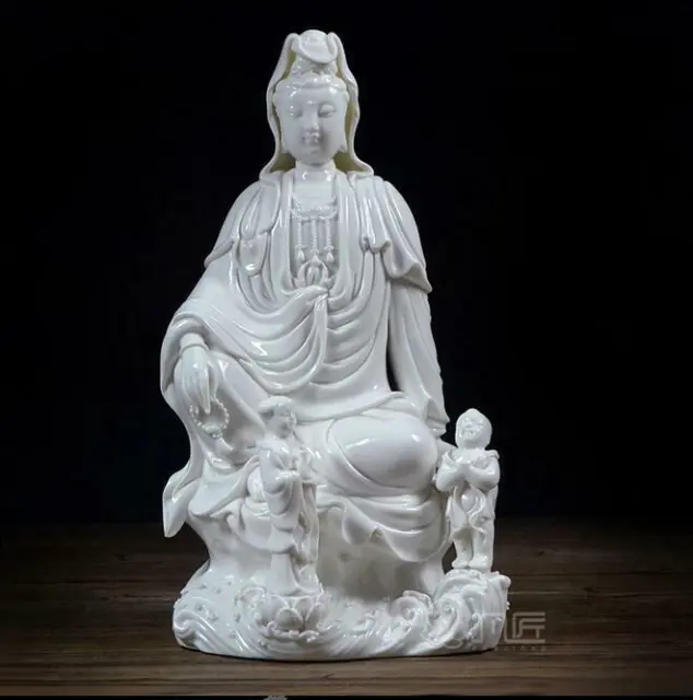 14" Chinese Dehua White Porcelain Kwan-yin Guanyin Guan Yin Tongzi Boys Statue