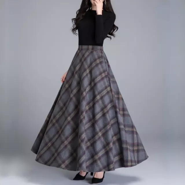 Femme Faux Laine Jupe Swing Vintage Plissé à Carreaux Demi Robe Chaud Hiver