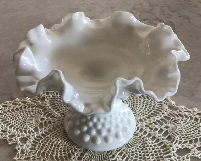 Fenton Hobnail Milk Glass Ruffled 7 1/2 Inch Wide 5 1/2 Inch Tall Pedestal Bowl