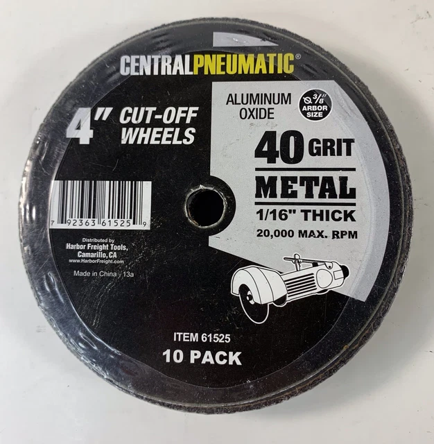Metal Cut off Wheel 4" 40 Grit Central Pneumatic 1/16” Thick Max 20,000 rpm 10pk