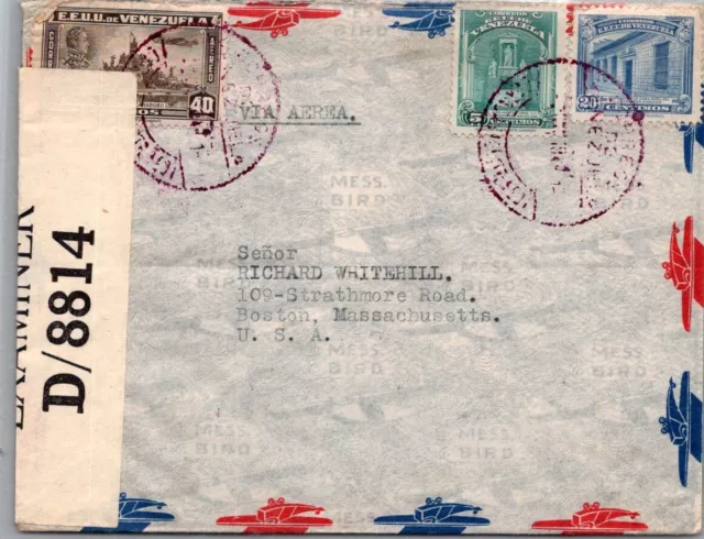 Schallstamps Venezuela 1940-45 Wwii Censored Airmail Cover Addr Usa