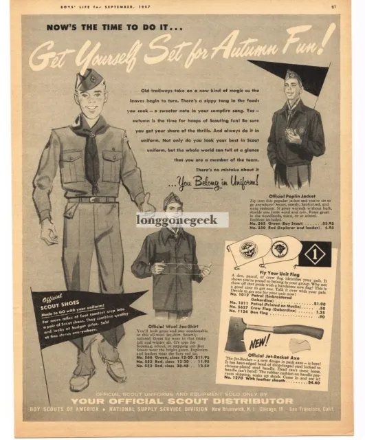1957 BOY SCOUTS Clothing Uniforms Equipment w/Prices Autumn Fun Vintage Print Ad