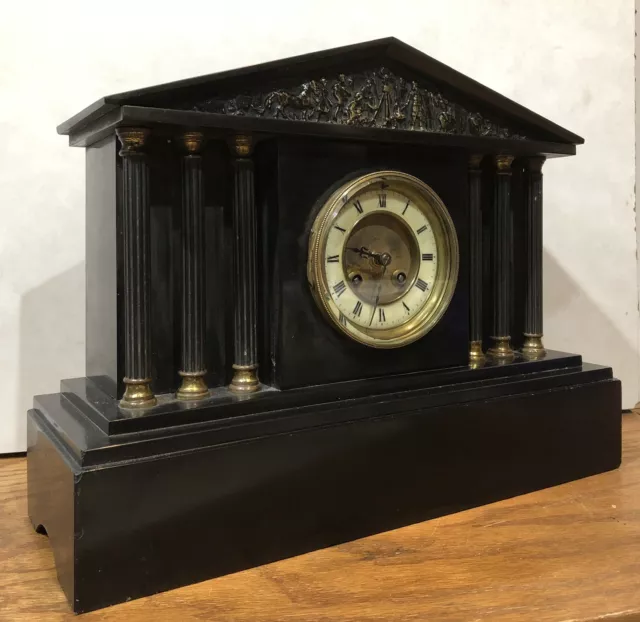 Large French HFF Architectural Greek Revival Marble Six Pillar Mantel Clock
