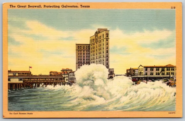Vtg Texas TX The Great Seawall Protecting Galveston From Surf 1940s Postcard