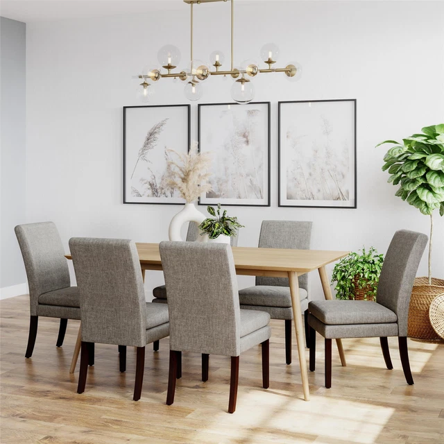 Clark Upholstered Dining Chair, Gray Linen with Dark Base, Set of 2@