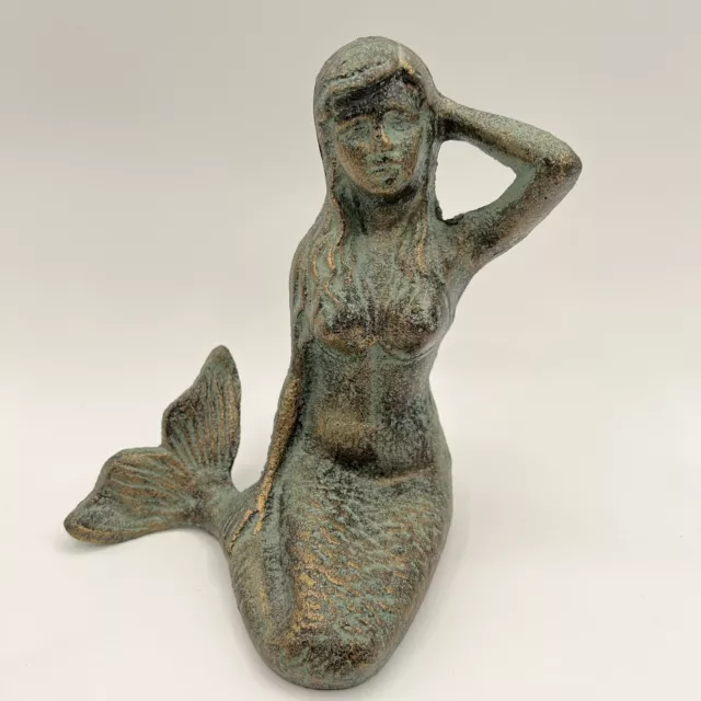 Vintage Bronze Look Cast Iron Mythical Mermaid Figurine 7"