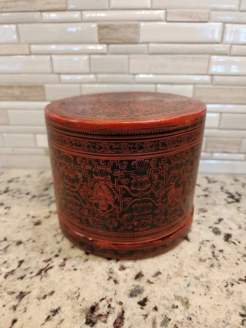 Burmese Asian Orange Lacquer Betel Nut Box RARE Zodiac and Maker Inscription 7