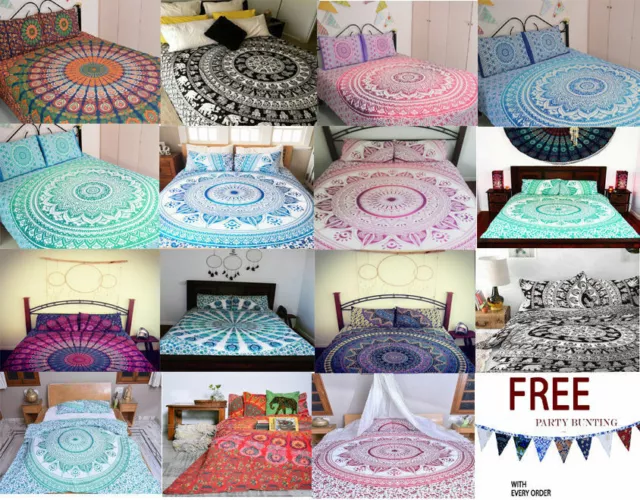 Indiano King Size Copripiumone Set Letto Hippie Gitano Mandala Coperta Set