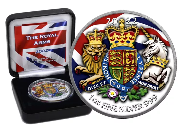 1oz Silver Great Britain 2022 The Royal Arms Antique Finish Color in Box CoA