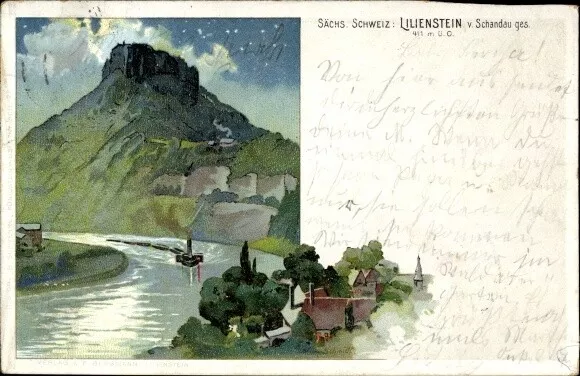 Litho Bad Schandau an der Elbe, Lilienstein von Schandau aus gesehen - 3847642