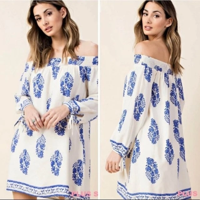 Kori Mini Dress Womens Size S Blue White Moroccan Off Shoulder 3/4 Sleeves Boho