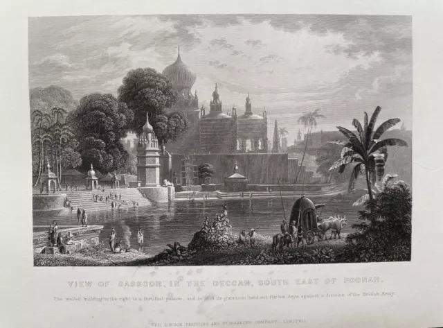 1858 antiker Druck; Blick auf Sassoor, Dekkan, südöstlich von Pune, Indien