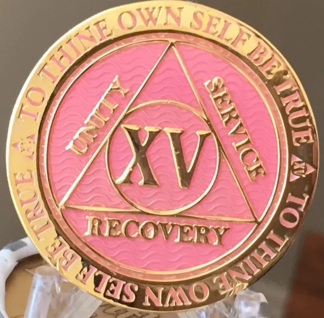 15 Year AA Medallion Pink Gold Plated Alcoholics Anonymous Sobriety Chip Coin