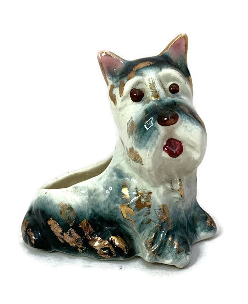 MCM Royal Copley Scottie Dog Schnauzer Terrier Planter Black Gray Gold 5" Tall