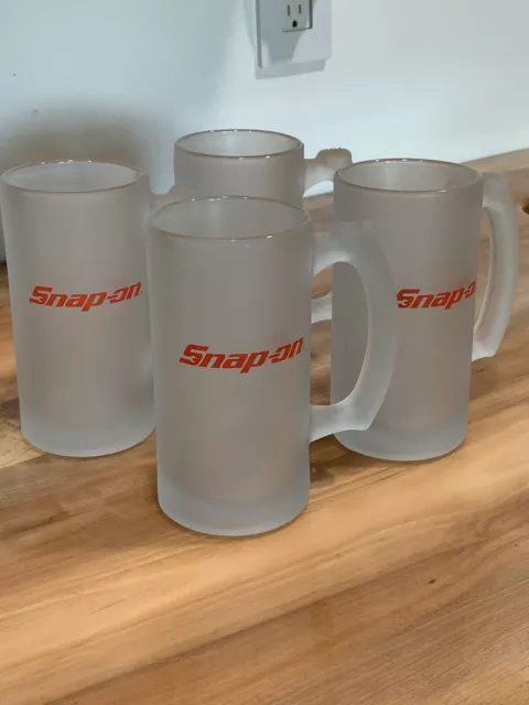 Snap-On Tools Frosted Glass Beer Mugs Cup 5.5" Red Logo Mechanic Gift Set of 4