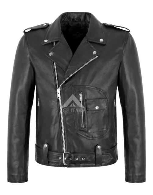Men's Biker Leather Jacket Brando Style Thick Cowhide Retro Riding Jacket Aster