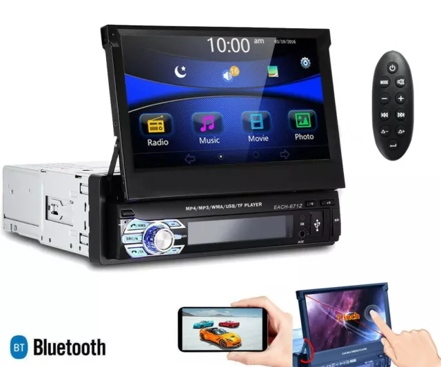 Autoradio 1 Din Schermo A Scomparsa 7" Stereo Auto Touch Bluetooth Usb Sd 6712