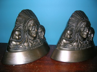 Antique Native American Indian family bookends, bronze or brass, 7 1/2 lbs. 4