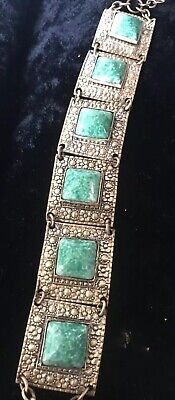 Vintage Art Deco Czech Egyptian Revival Peking Glass & Stamped Brass Bracelet