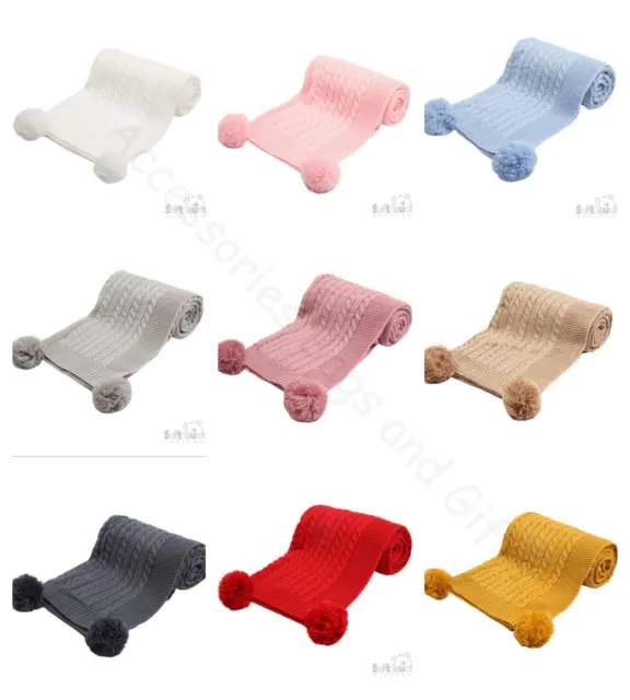 Baby Elegance Cable Knit Pom Pom Blanket Wrap Pram Blanket Soft Touch 10 Colours