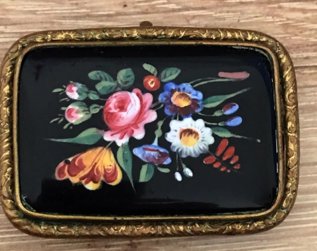 Antique Victorian Enamel Brooch Floral Gold Hand Painted Watch Pin Repousse Vtg
