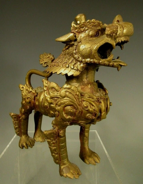 Burma Burmese Bronze Qilin Statue w/ Flaming Tail Body and Head ca. 20th c.