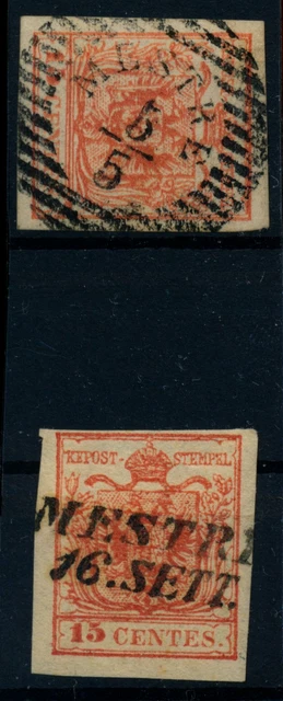 LOMBARDEI-VENETIEN 1850 15C, MP, Type III und 15C, HP, Type III. Versch. MESTRE