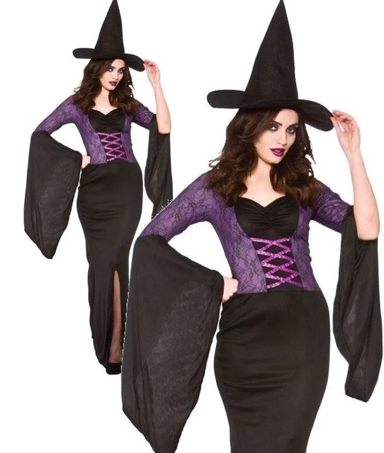 LADIES ALLURING WITCH + Hat Spellbound Halloween Fancy Dress Costume UK