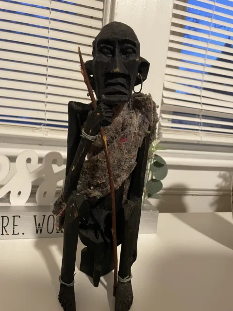 vintage old  African Tribal elder Man Wooden Sculpture, Shaman handcarved