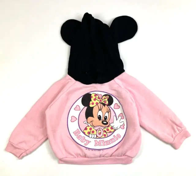 Vintage Disney BABY MINNIE Mouse Toddler Hoodie In Pink W/ Black Ears 1984 USA