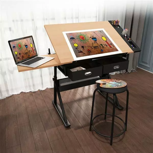 Art Craft Desk Drafting Table with 2 Drawers and Stool Height/ Tiltable Tabletop