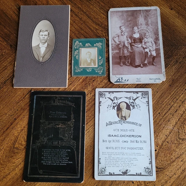 Antique Lot of 5 Death Mourning Cards & Photos Dickerson Family Springfield, ILL