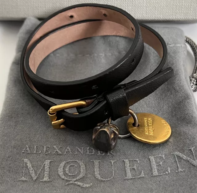 Alexander McQueen Skull Logo 2 Tone Charm Gold Black Leather Wrap Bracelet $350