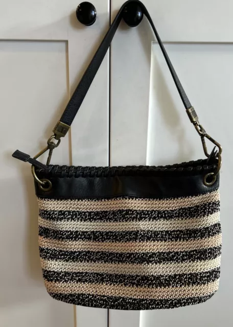 The Sak Black And Cream  Crochet Boho Braided Double Stripe Shoulder bag