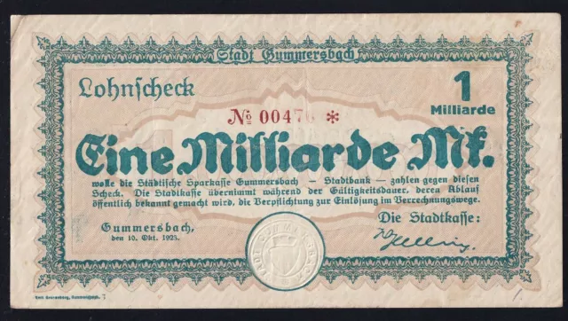 Gummersbach: 1 Milliarde Mark 10.10.1923 - Lohnscheck - Wz. Wellen