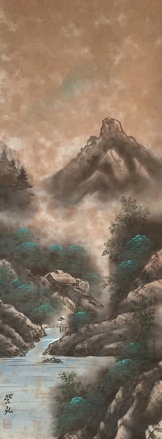 F1592 Japonés Vintage Colgante Rollo Kakejiku Mano Pintura Seda Paisaje Singed