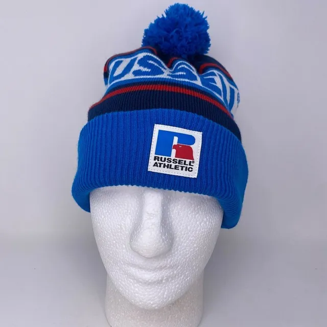 NWT Russell Athletic Beanie Winter Hat Knit Spellout Logo Pom Blue Ski Snowboard