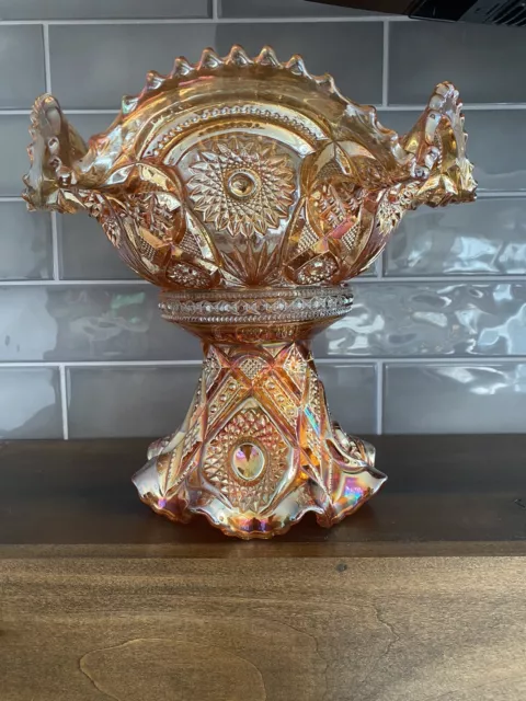 Imperial Marigold Hobstar & Arches Carnival Glass Punch Bowl  AND Base STUNNING