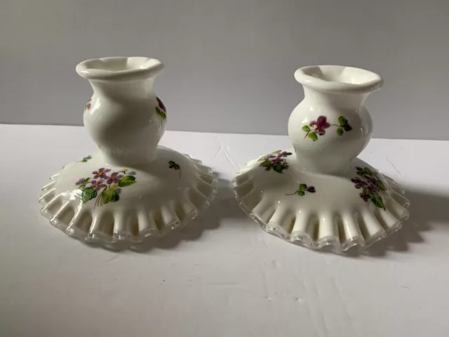 Vintage Fenton 2 Candlestick Holders Violets Silver Crest Ruffle