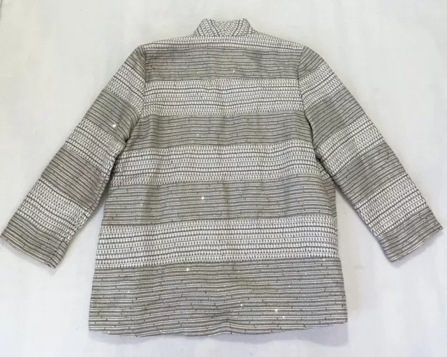 Chico’s Sequin Metallic Striped Beige Open Cotton Rayon Blend Jacket Ch 1 2