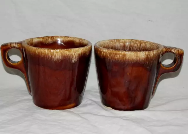 Set of 2 Hull Oven Proof Made in U.S.A. Brown Drip 3-1/2" Tall Coffee Cups Mugs