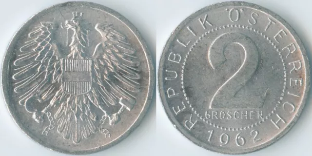 Austria 1962 2 Groschen KM# 2876 Al-Mg Second Republic Coat of Arms Eagle Value