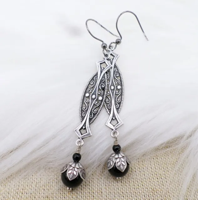 Silver Art Deco Earrings, Black Pearl Earrings, Flapper Party Jewelry, Gatsby